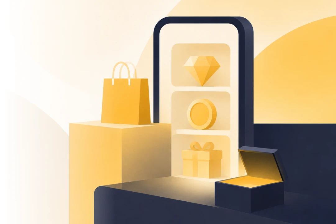 Mobile shopping interface with a shopping bag, digital coin, diamond, and gift box representing ecommerce monetization