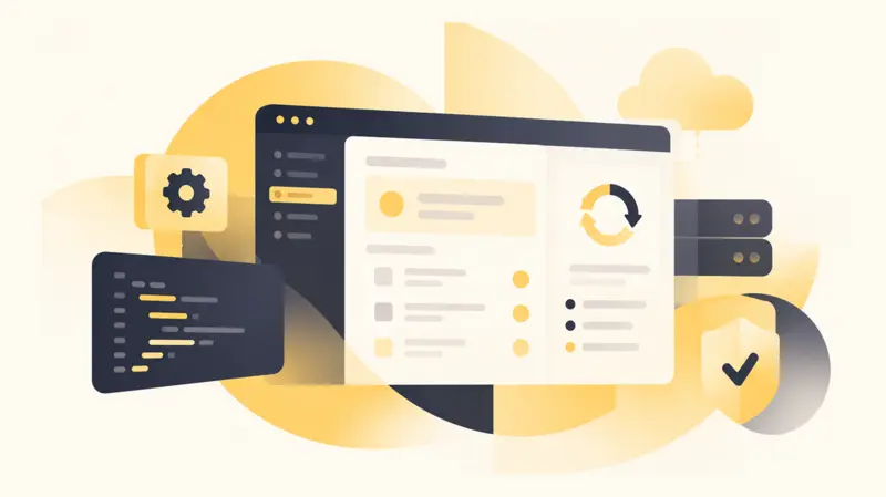 Flat illustration of a software dashboard with code editor, gear, sync arrows, cloud, servers and security shield