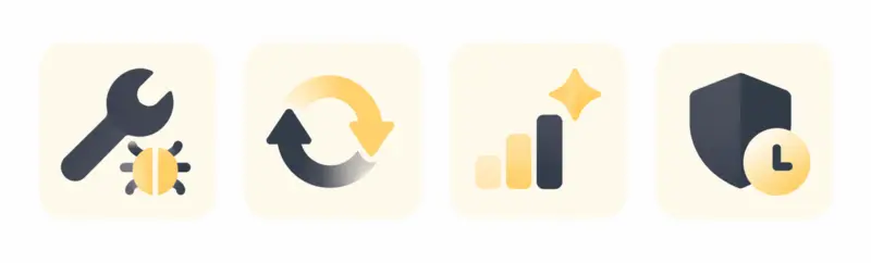 Four icons: wrench with bug for fixes, circular arrows for updates, rising bar chart with sparkle, and shield with clock