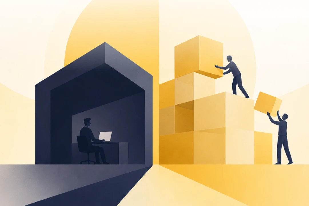 Illustration contrasting a single in-house developer with an external team building modular software components - Oril