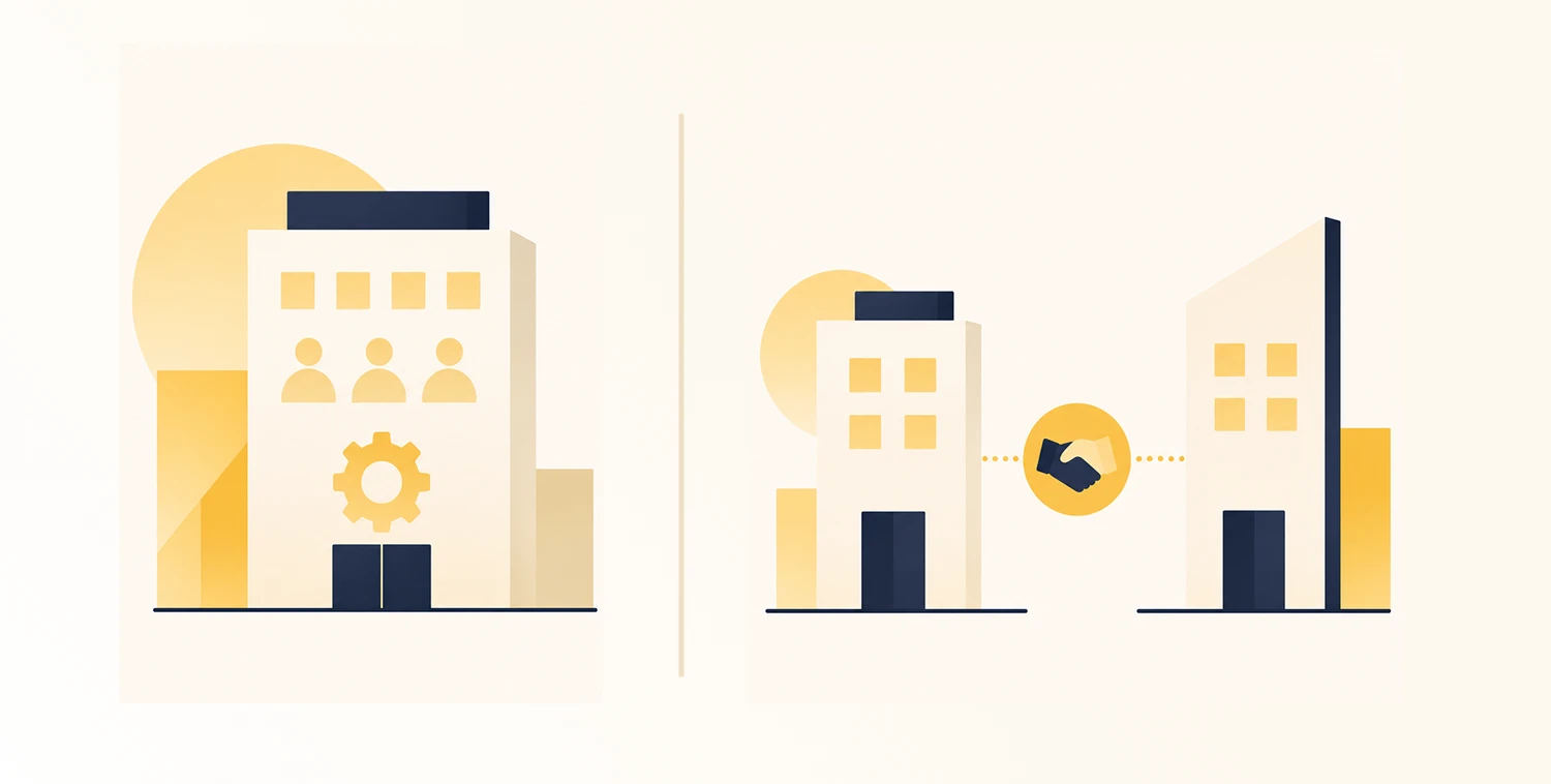 Illustration comparing in-house software development with outsourcing to an external vendor - Oril