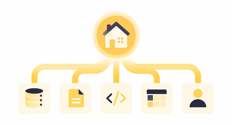 Single property entity connected to database records, documents, code, tabular data, and user information
