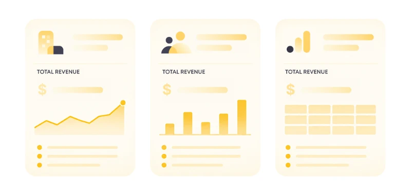 Three revenue dashboards showing the same business metric with different charts and data layouts