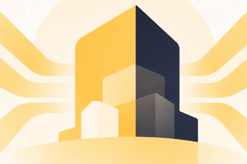 Stylized commercial buildings connected by data integration lines