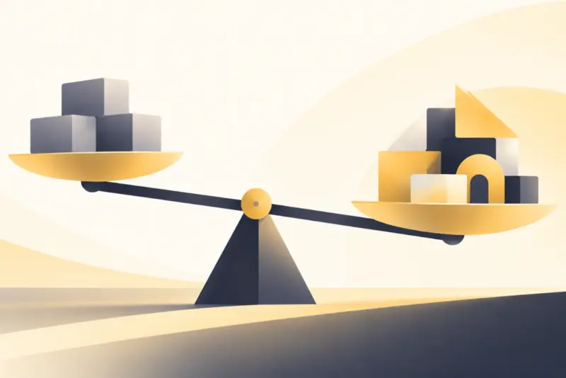 Balance scale weighing gray cubes against colorful geometric shapes, tilted toward the heavier side in a minimalist style