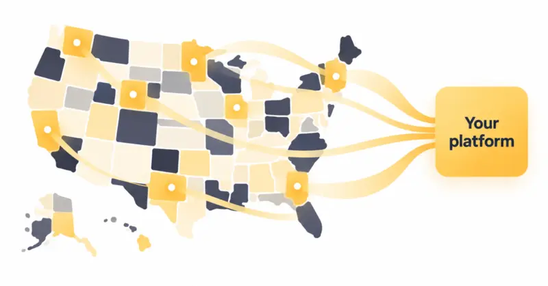 Map of United States showing data flow from various state locations with pin markers connecting to a central platform