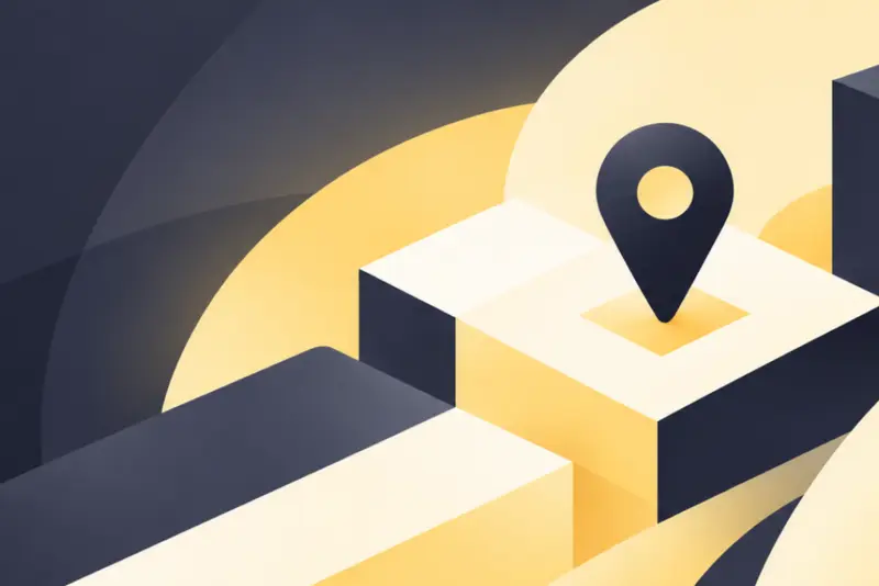 Isometric illustration of location pin marker on geometric blocks with yellow and dark blue color scheme