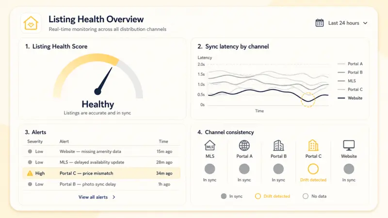 Overview of listing health, sync latency, alerts, and channel consistency for property platforms.