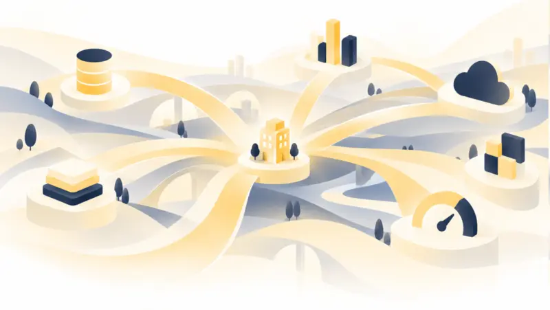 Real estate property connected to data sources, analytics, cloud systems, and performance metrics for predictive analysis