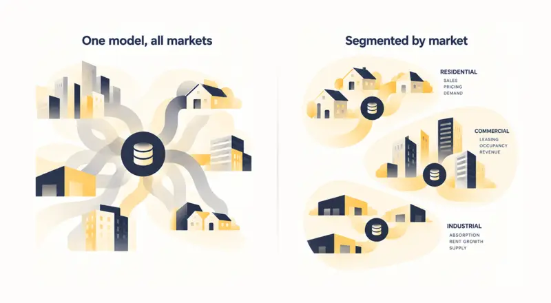 Comparison of one predictive model for all real estate markets versus segmented models for residential, commercial, and industrial properties