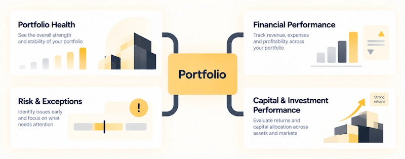 Portfolio dashboard showing four key metrics: portfolio health, financial performance, risk and exceptions, and capital investment performance with charts