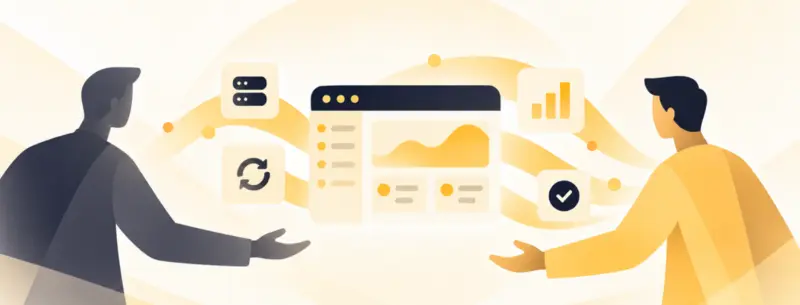 Two people gesturing toward a dashboard interface with server, sync, chart and checkmark icons in a yellow flat illustration