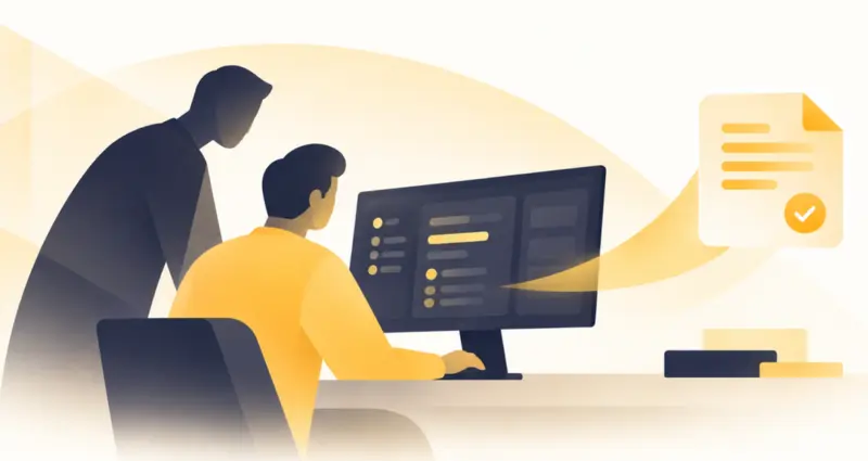 Two colleagues review a document management dashboard on a desktop monitor, with an approved file icon glowing nearby