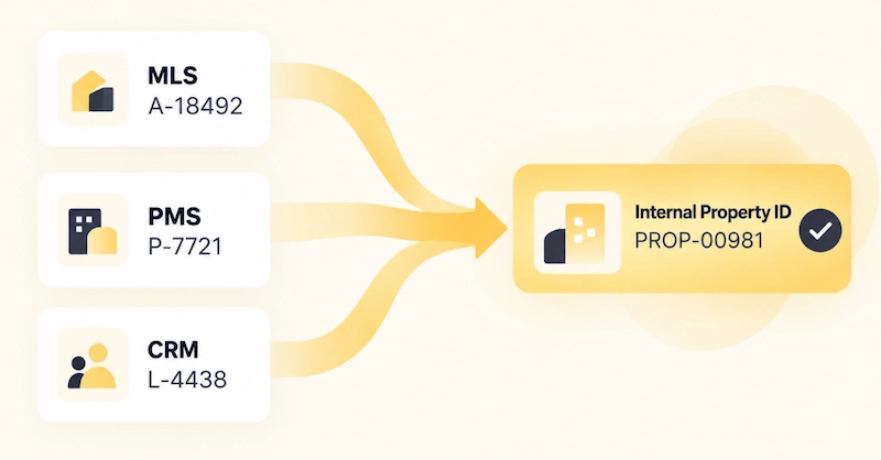 Multiple systems (MLS, PMS, CRM) with different IDs connecting to unified Internal Property ID PROP-00981