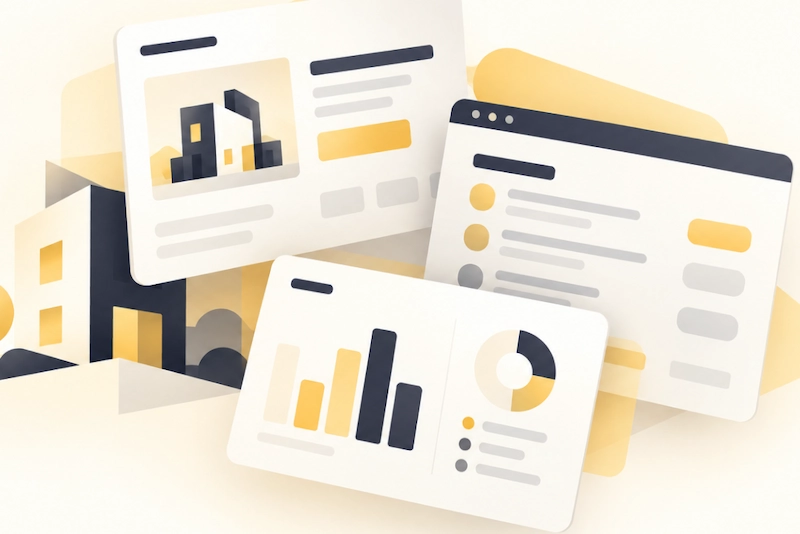 Business dashboard displaying analytics charts, building illustration, and data visualizations in gold and navy color scheme