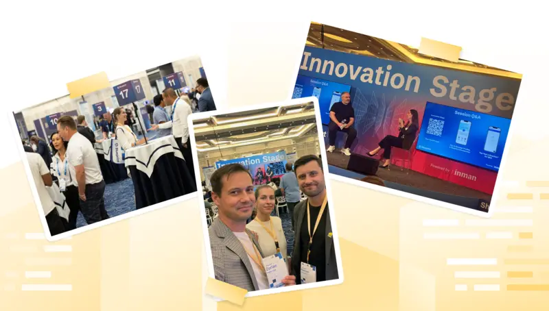 Collage of three photos showing attendees networking at exhibition booths and speakers presenting on Innovation Stage at conference
