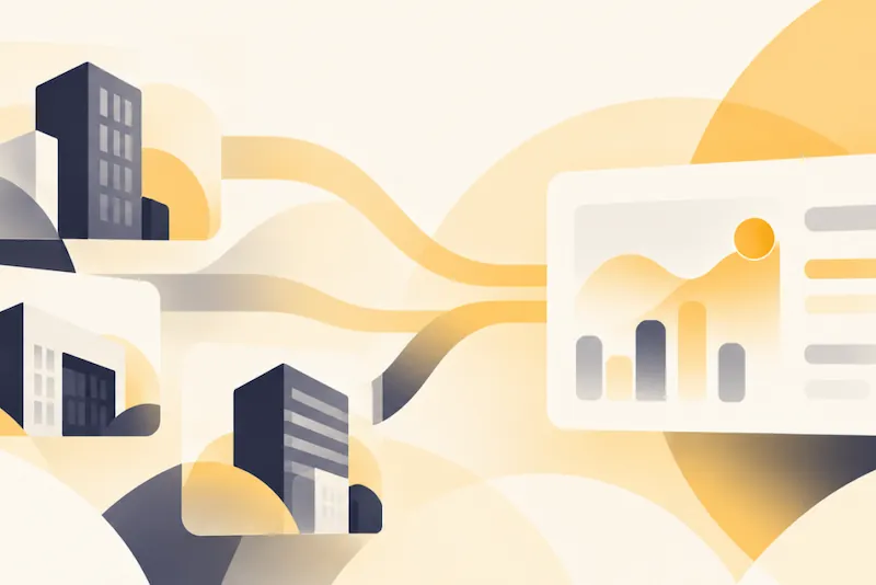Abstract illustration of buildings connected by data flow, highlighting real estate data infrastructure and performance metrics.