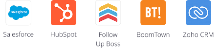 Logos of five CRM and marketing platforms: Salesforce, HubSpot, Follow Up Boss, BoomTown, and Zoho CRM
