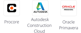 Procore, Autodesk Construction Cloud, and Oracle Primavera software logos displayed side by side