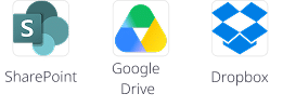 SharePoint, Google Drive, and Dropbox cloud storage service logos with labels