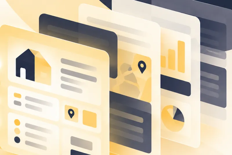 Colorful layered interface designs showcasing property listing data and analytics for MLS data enrichment.