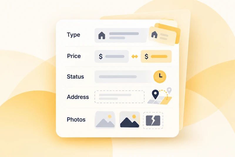 Visual representation of real estate data fields including type, price, status, address, and photos for MLS quality issues.