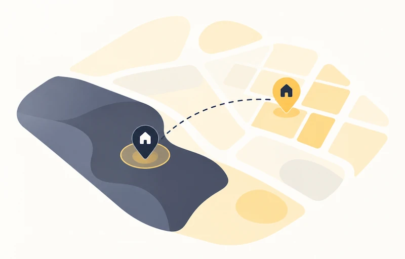 A stylized map showing two house icons connected by a dotted line, illustrating real estate data relationships.