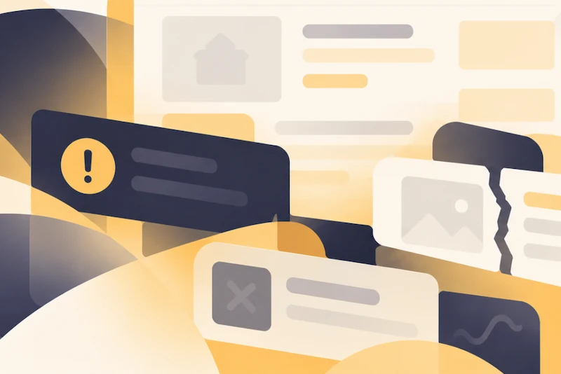 Abstract graphic illustrating data quality issues in real estate, featuring warning icons and fragmented elements.