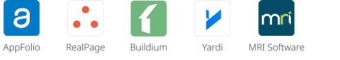 Logos of five software companies: AppFolio, RealPage, Buildium, Yardi, and MRI Software displayed in a horizontal row