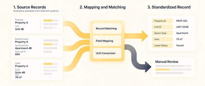 Flowchart illustrating the process of integrating real estate data from various systems into standardized records.