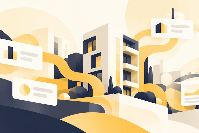 Stylized illustration of a modern building with data flow graphics, representing real estate data integration concepts.