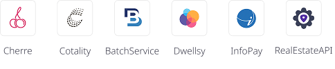 Logos of six API services: Cherre, Cotality, BatchService, Dwellsy, InfoPay, and RealEstateAPI displayed in a horizontal row