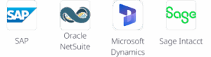 SAP, Oracle NetSuite, Microsoft Dynamics, and Sage Intacct logos displaying integrated accounting software platforms