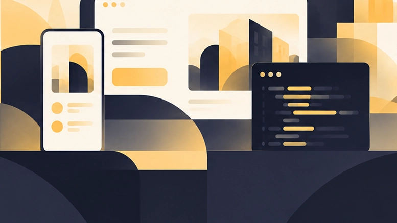 Abstract illustration of mobile and web interfaces, representing ORIL | custom software development company services.
