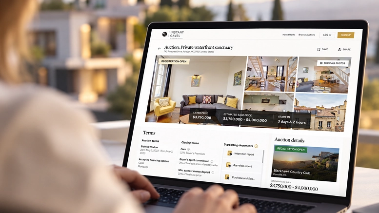 User browsing an online auction for a private waterfront property on a laptop, showcasing ORIL | custom software development company.